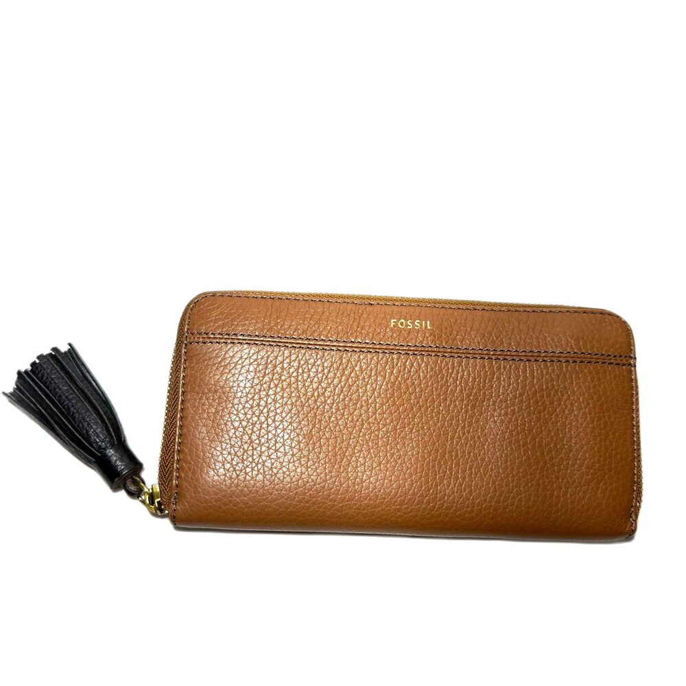 Fossil Brown Pebbled Leather Zip-Around Wallet Black Tassel EUC